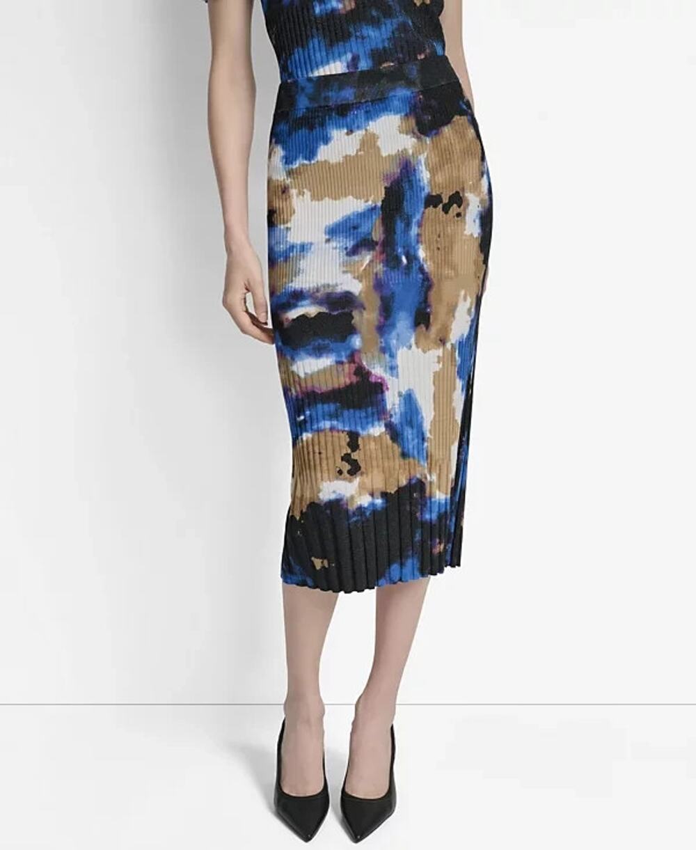 Dkny Midi Skirt Women M Multicolor Abstract Print Rib-Knit Bodycon Fairycore NWT